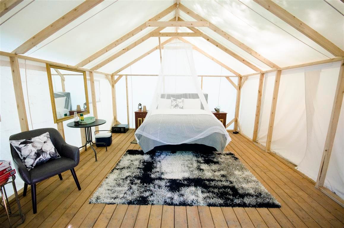 Cosy tent interior at Two Paths